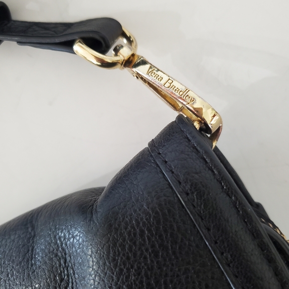 VERA BRADLEY Black Leather Crossbody Zip Wallet Handbag Floral Lining Pockets A+ - Picture 5 of 16